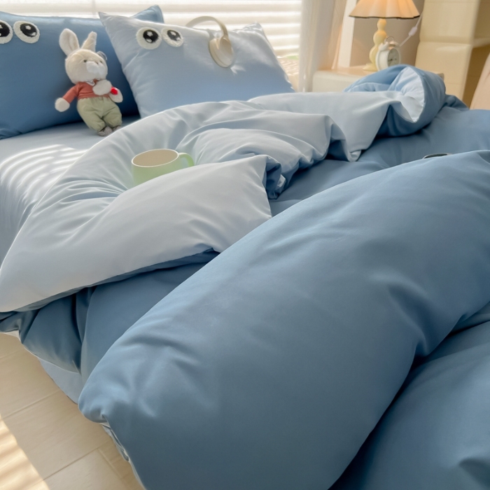 91家纺网 家纺一手货源 找家纺 （总）（有买家秀）2025新款萌趣大眼睛毛巾绣水洗棉纯色双拼四件套少女多巴胺韩系床品套件