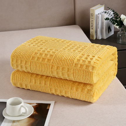 美洲琳 2025新款高克重几何方块塔芙绒毛毯 明黄