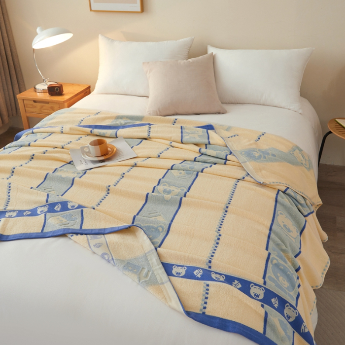 91家纺网 家纺一手货源 找家纺 悦然毛巾被 2024新款全棉老式毛巾被 小熊蓝