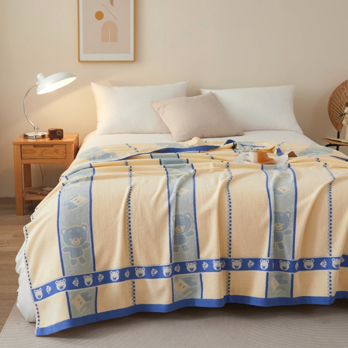 91家纺网 家纺一手货源 找家纺 悦然毛巾被 2024新款全棉老式毛巾被 小熊蓝