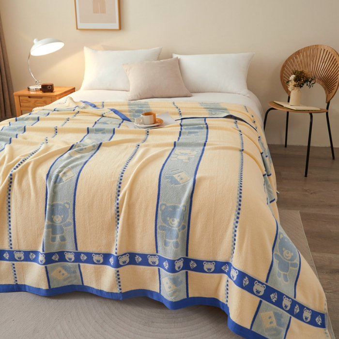 91家纺网 家纺一手货源 找家纺 悦然毛巾被 2024新款全棉老式毛巾被 小熊蓝