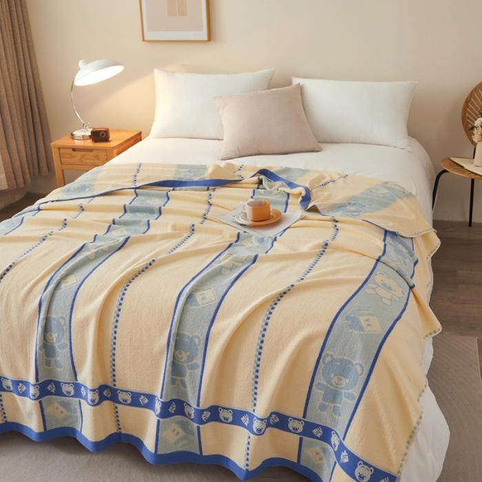 91家纺网 家纺一手货源 找家纺 悦然毛巾被 2024新款全棉老式毛巾被 小熊蓝