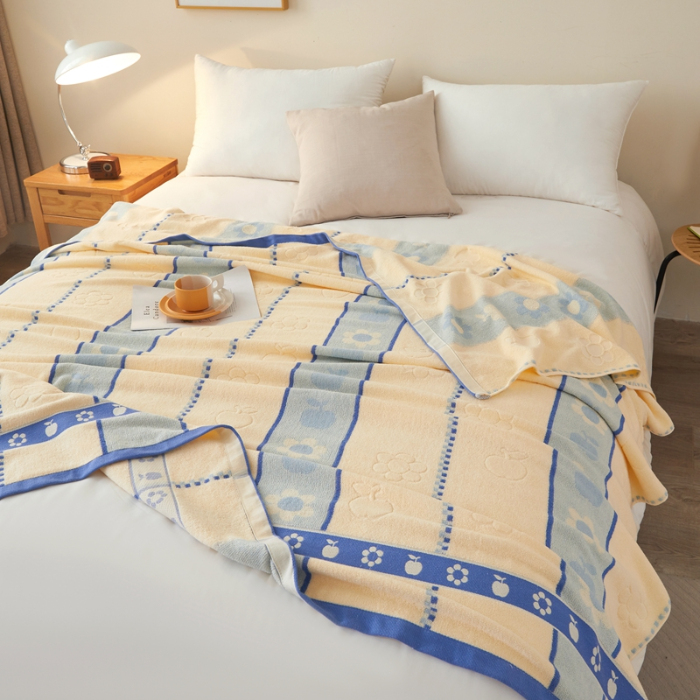 91家纺网 家纺一手货源 找家纺 悦然毛巾被 2024新款全棉老式毛巾被 小花蓝