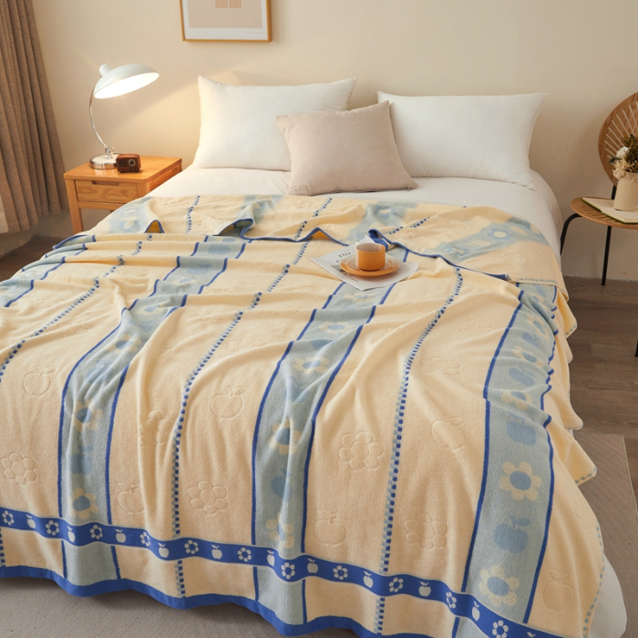 91家纺网 家纺一手货源 找家纺 悦然毛巾被 2024新款全棉老式毛巾被 小花蓝