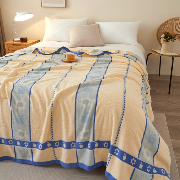 91家纺网 家纺一手货源 找家纺 悦然毛巾被 2024新款全棉老式毛巾被 小花蓝