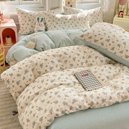 91家纺网 家纺一手货源 找家纺 （总）2025新款13070全棉四件套加厚斜纹田园清新风四件套纯棉床单床笠款床品套件