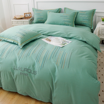 91家纺网 家纺一手货源 找家纺 2025年高端轻奢刺绣款全棉长绒棉四件套简约纯色素色纯棉刺绣花四件套件床单 翡翠绿