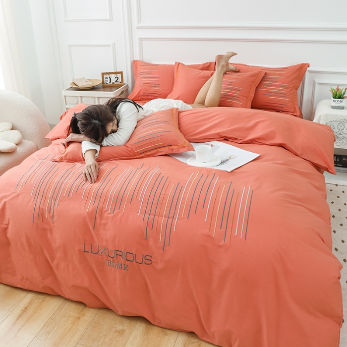 91家纺网 家纺一手货源 找家纺 2025年高端轻奢刺绣款全棉长绒棉四件套简约纯色素色纯棉刺绣花四件套件床单 太阳橙