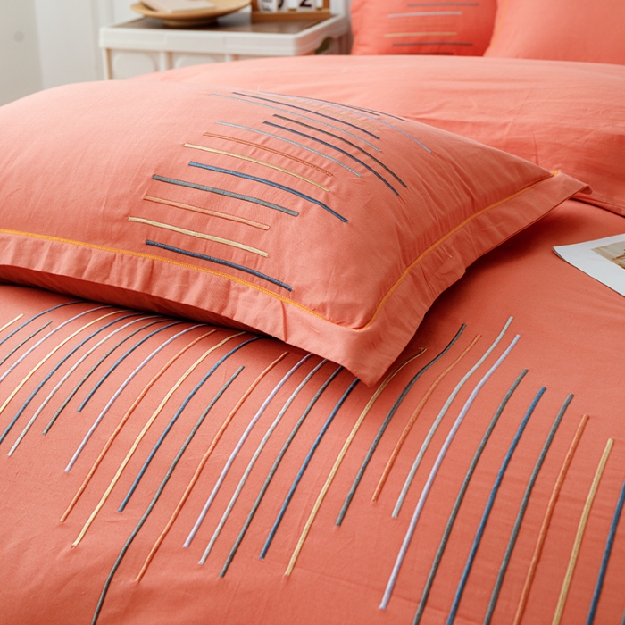 91家纺网 家纺一手货源 找家纺 2025年高端轻奢刺绣款全棉长绒棉四件套简约纯色素色纯棉刺绣花四件套件床单 太阳橙