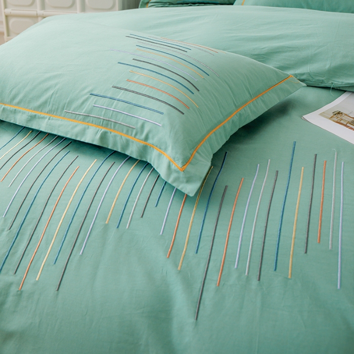 91家纺网 家纺一手货源 找家纺 2025年高端轻奢刺绣款全棉长绒棉四件套简约纯色素色纯棉刺绣花四件套件床单 翡翠绿