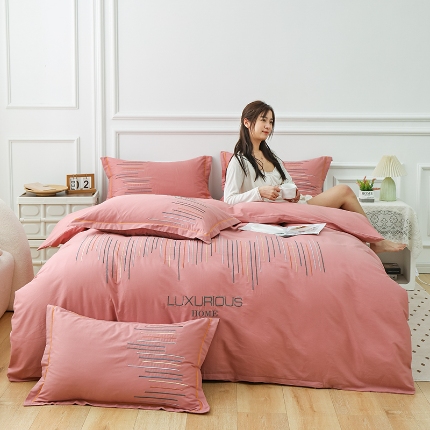 2025年高端轻奢刺绣款全棉长绒棉四件套简约纯色素色纯棉刺绣花四件套件床单 豆沙红