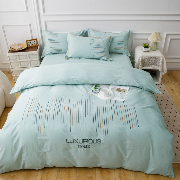 91家纺网 家纺一手货源 找家纺 2025年高端轻奢刺绣款全棉长绒棉四件套简约纯色素色纯棉刺绣花四件套件床单 天青