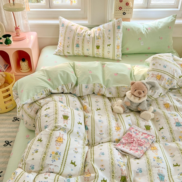 91家纺网 家纺一手货源 找家纺 （总）2025新款13070全棉四件套加厚斜纹田园清新风四件套纯棉床单床笠款床品套件