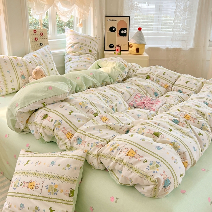 91家纺网 家纺一手货源 找家纺 （总）2025新款13070全棉四件套加厚斜纹田园清新风四件套纯棉床单床笠款床品套件