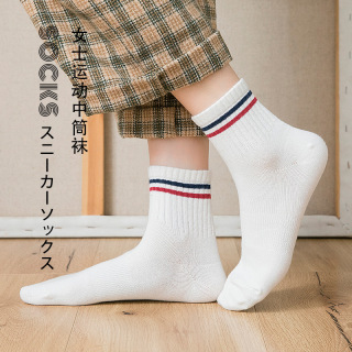 【女条纹直角中筒袜】2025新款日式无印女士运动休闲袜子良品女直角中筒袜学院风四季袜吸汗防臭