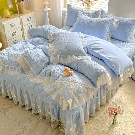 漫布云家纺2026春夏韩版法式公主风水洗棉床盖款多功能被套 夏被床盖四件套多功能二合一水洗棉夹泡泡棉小竺棉棉床裙款 香榭丽-婴儿蓝