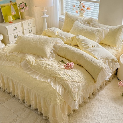 漫布云家纺2026春夏韩版法式公主风水洗棉床盖款多功能被套 夏被床盖四件套多功能二合一水洗棉夹泡泡棉小竺棉棉床裙款 香榭丽-嫩黄