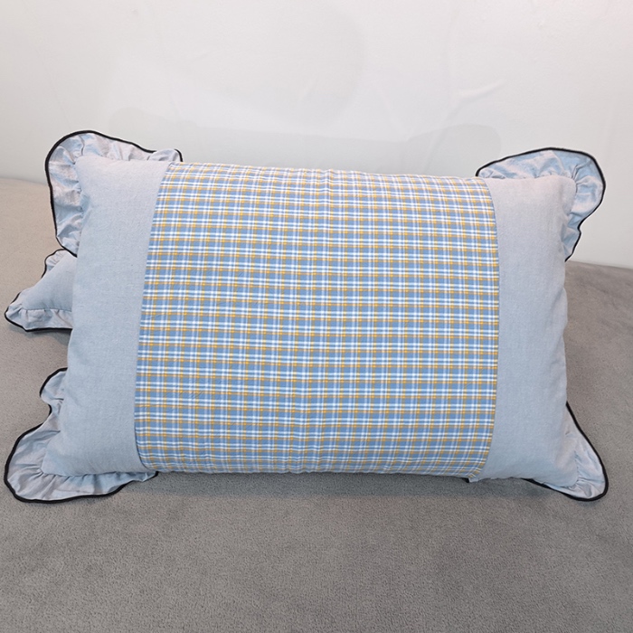 91家纺网 家纺一手货源 找家纺 40×60cm枕头纯棉儿童枕学生枕单只多层结构夹棉款全棉色织水洗棉耳朵款拉链枕 飞蓝