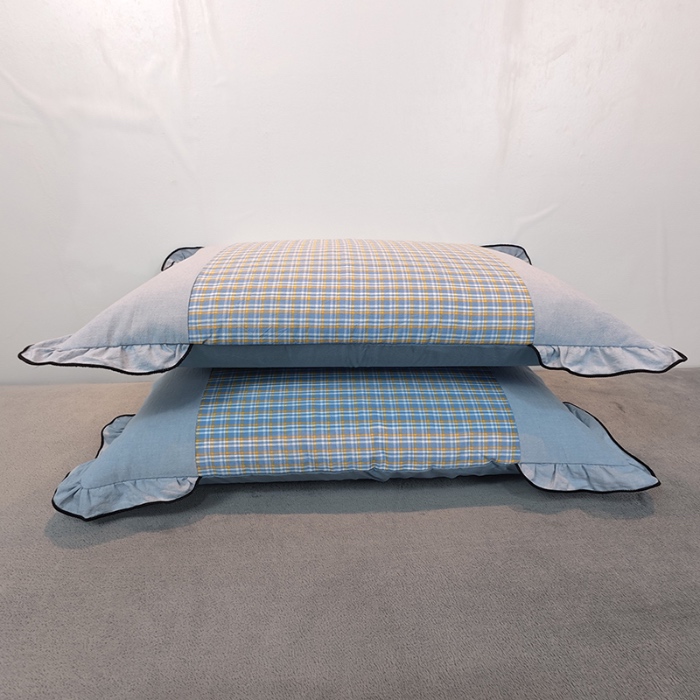 91家纺网 家纺一手货源 找家纺 40×60cm枕头纯棉儿童枕学生枕单只多层结构夹棉款全棉色织水洗棉耳朵款拉链枕 飞蓝
