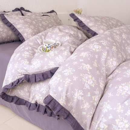 91家纺网 家纺一手货源 找家纺 （总）【苏东来】2025韩版木耳花边纯棉全棉双层纱四件套全棉纯棉小碎花印花四件套法式赫本公主风皱皱纱蕾丝花边四件套针织棉四件套件