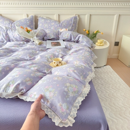 91家纺网 家纺一手货源 找家纺 （总）【苏东来】2025韩版蕾丝花边纯棉全棉双层纱四件套全棉纯棉小碎花印花四件套法式赫本公主风韩系皱皱纱花边四件套针织棉四件套件