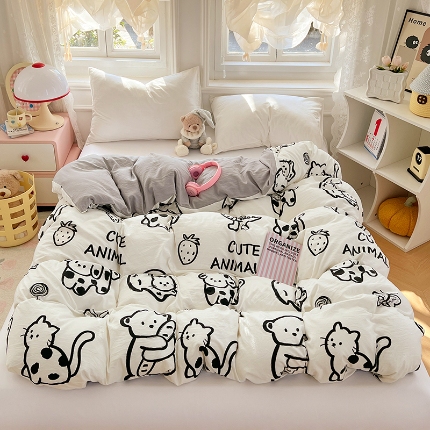 91家纺网 家纺一手货源 找家纺 （总）2025新款卡通水洗棉单被套床单枕套软糯可爱床品套件