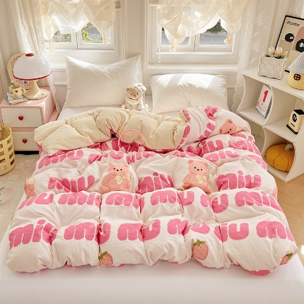91家纺网 家纺一手货源 找家纺 （总）2025新款卡通水洗棉单被套床单枕套软糯可爱床品套件