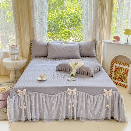 91家纺网 家纺一手货源 找家纺 【苏东来】2025高端法式韩版公主花边PE高分子复合软凉席床裙款三件套纯色蕾丝花边豆豆床裙床单床盖冰丝凉席子三件套件 甜心蓝