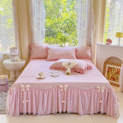 91家纺网 家纺一手货源 找家纺 【苏东来】2025高端法式韩版公主花边PE高分子复合软凉席床裙款三件套纯色蕾丝花边豆豆床裙床单床盖冰丝凉席子三件套件 甜心蓝