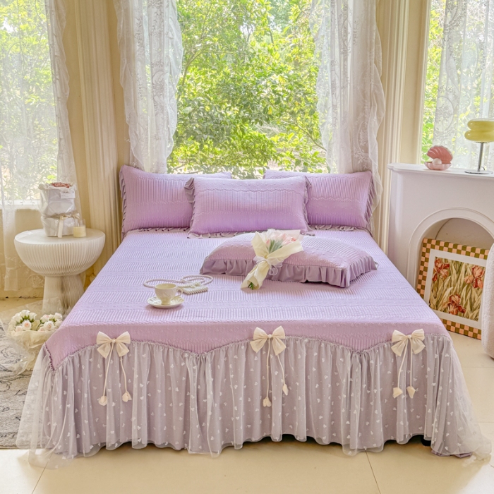 91家纺网 家纺一手货源 找家纺 【苏东来】2025高端法式韩版公主花边PE高分子复合软凉席床裙款三件套纯色蕾丝花边豆豆床裙床单床盖冰丝凉席子三件套件 甜心紫