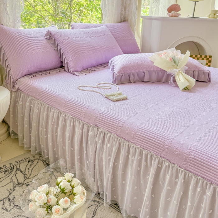 91家纺网 家纺一手货源 找家纺 【苏东来】2025高端法式韩版公主花边PE高分子复合软凉席床裙款三件套纯色蕾丝花边豆豆床裙床单床盖冰丝凉席子三件套件 甜心紫