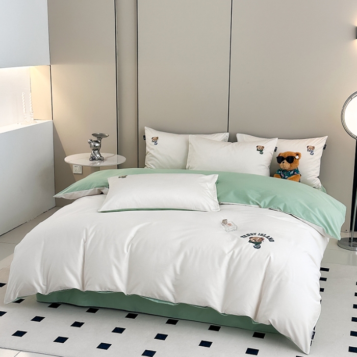 91家纺网 家纺一手货源 找家纺 泰迪爱兰Teddy ISLAND 2026新款100支绣花（50支）三件套四件套 富士白+抹茶绿