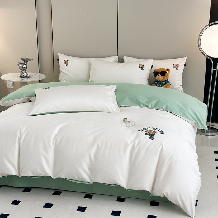 91家纺网 家纺一手货源 找家纺 泰迪爱兰Teddy ISLAND 2026新款100支绣花（50支）三件套四件套 富士白+抹茶绿