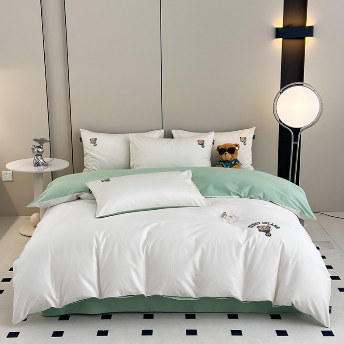 91家纺网 家纺一手货源 找家纺 泰迪爱兰Teddy ISLAND 2026新款100支绣花（50支）三件套四件套 富士白+抹茶绿