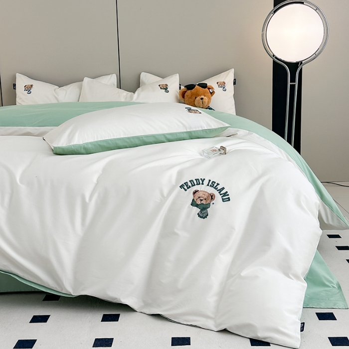 91家纺网 家纺一手货源 找家纺 泰迪爱兰Teddy ISLAND 2026新款100支绣花（50支）三件套四件套 富士白+抹茶绿