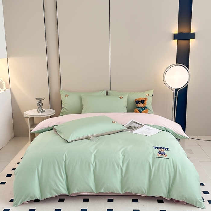 91家纺网 家纺一手货源 找家纺 泰迪爱兰Teddy ISLAND 2026新款100支绣花（50支）三件套四件套 抹茶绿+低调粉