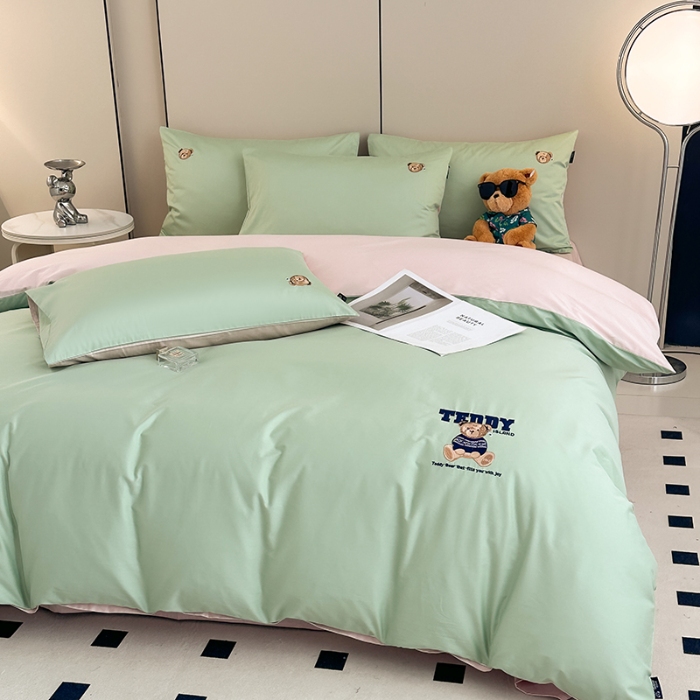 91家纺网 家纺一手货源 找家纺 泰迪爱兰Teddy ISLAND 2026新款100支绣花（50支）三件套四件套 抹茶绿+低调粉