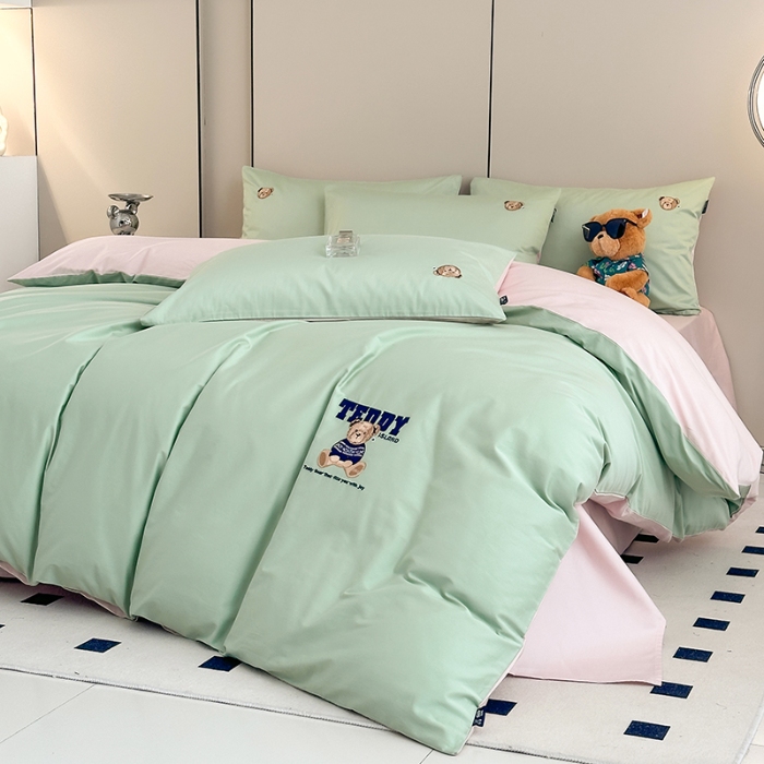 91家纺网 家纺一手货源 找家纺 泰迪爱兰Teddy ISLAND 2026新款100支绣花（50支）三件套四件套 抹茶绿+低调粉