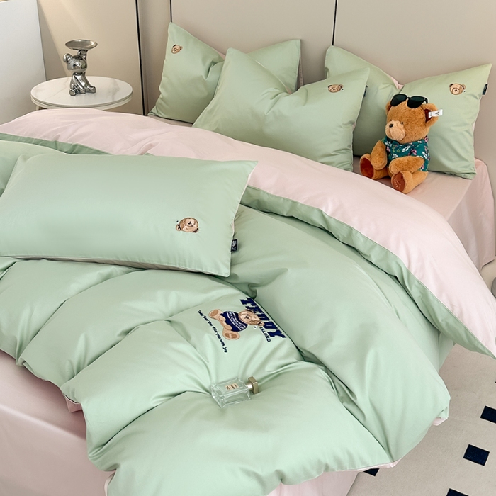 91家纺网 家纺一手货源 找家纺 泰迪爱兰Teddy ISLAND 2026新款100支绣花（50支）三件套四件套 抹茶绿+低调粉