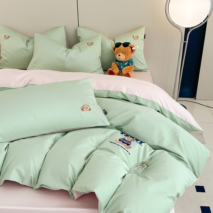 91家纺网 家纺一手货源 找家纺 泰迪爱兰Teddy ISLAND 2026新款100支绣花（50支）三件套四件套 抹茶绿+低调粉