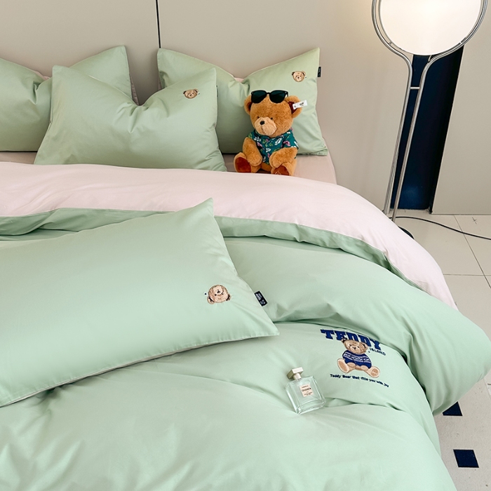 91家纺网 家纺一手货源 找家纺 泰迪爱兰Teddy ISLAND 2026新款100支绣花（50支）三件套四件套 抹茶绿+低调粉