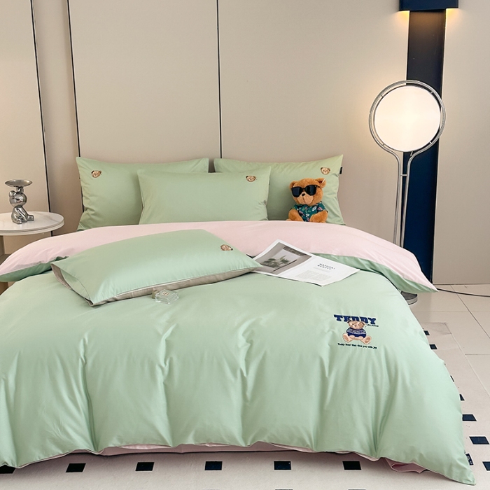 91家纺网 家纺一手货源 找家纺 泰迪爱兰Teddy ISLAND 2026新款100支绣花（50支）三件套四件套 抹茶绿+低调粉