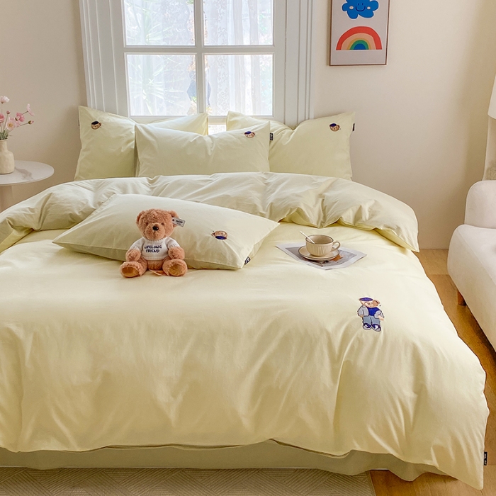 91家纺网 家纺一手货源 找家纺 泰迪爱兰Teddy ISLAND 2026新款32支全棉水洗棉绣花三件套四件套 嫩黄+黄绿