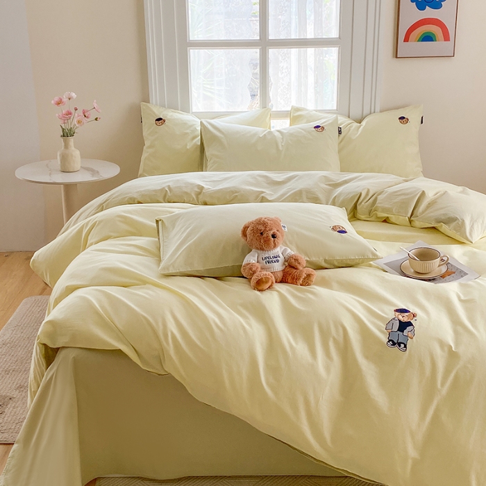 91家纺网 家纺一手货源 找家纺 泰迪爱兰Teddy ISLAND 2026新款32支全棉水洗棉绣花三件套四件套 嫩黄+黄绿