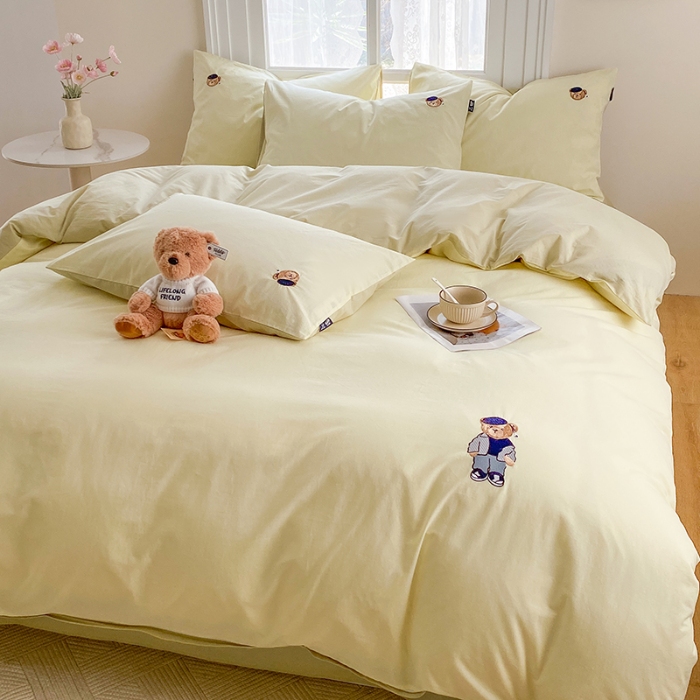 91家纺网 家纺一手货源 找家纺 泰迪爱兰Teddy ISLAND 2026新款32支全棉水洗棉绣花三件套四件套 嫩黄+黄绿