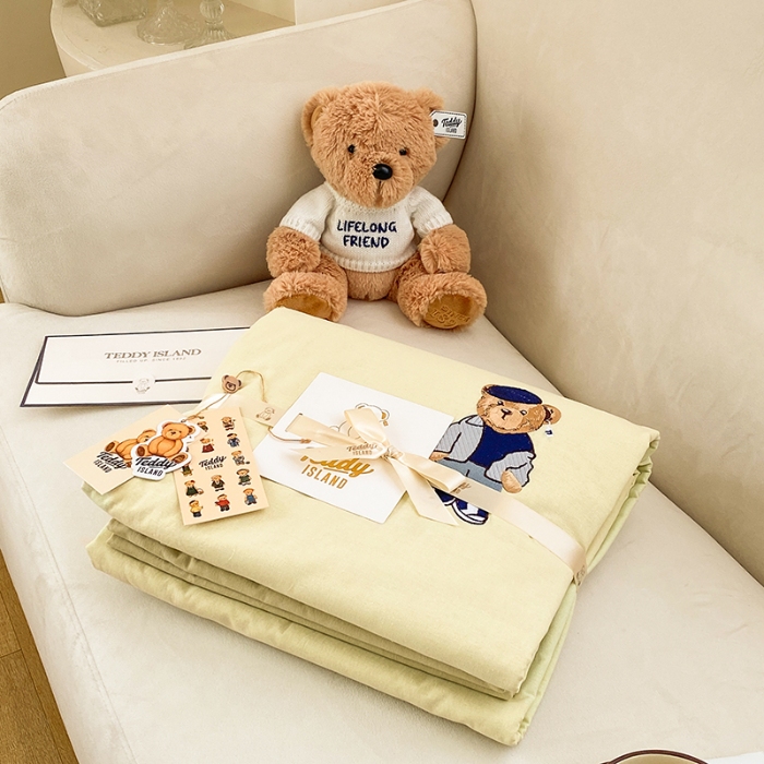 91家纺网 家纺一手货源 找家纺 泰迪爱兰Teddy ISLAND 2026新款32支全棉水洗棉绣花三件套四件套 嫩黄+黄绿