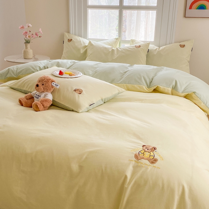 91家纺网 家纺一手货源 找家纺 泰迪爱兰Teddy ISLAND 2026新款32支全棉水洗棉绣花三件套四件套 嫩黄+水绿