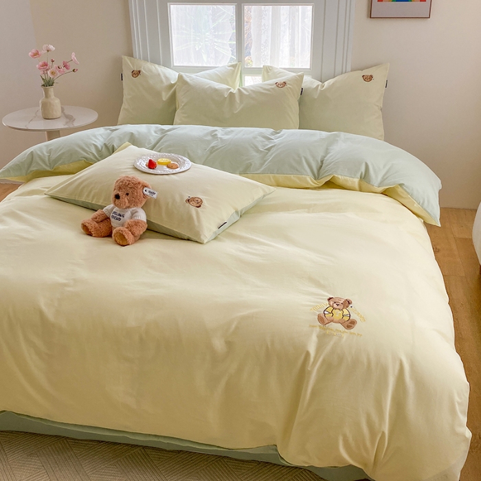 91家纺网 家纺一手货源 找家纺 泰迪爱兰Teddy ISLAND 2026新款32支全棉水洗棉绣花三件套四件套 嫩黄+水绿