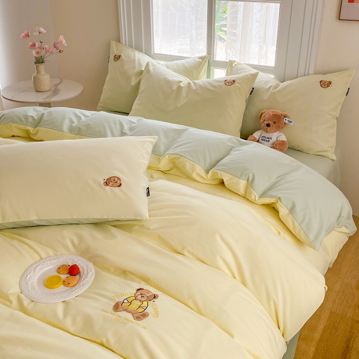 91家纺网 家纺一手货源 找家纺 泰迪爱兰Teddy ISLAND 2026新款32支全棉水洗棉绣花三件套四件套 嫩黄+水绿