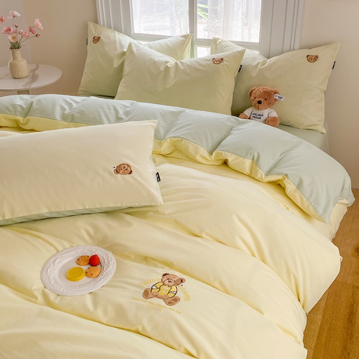 91家纺网 家纺一手货源 找家纺 泰迪爱兰Teddy ISLAND 2026新款32支全棉水洗棉绣花三件套四件套 嫩黄+水绿